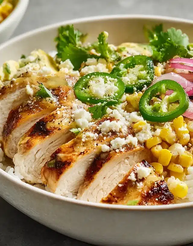 finished street corn chicken rice bowl recipe served on rustic plate