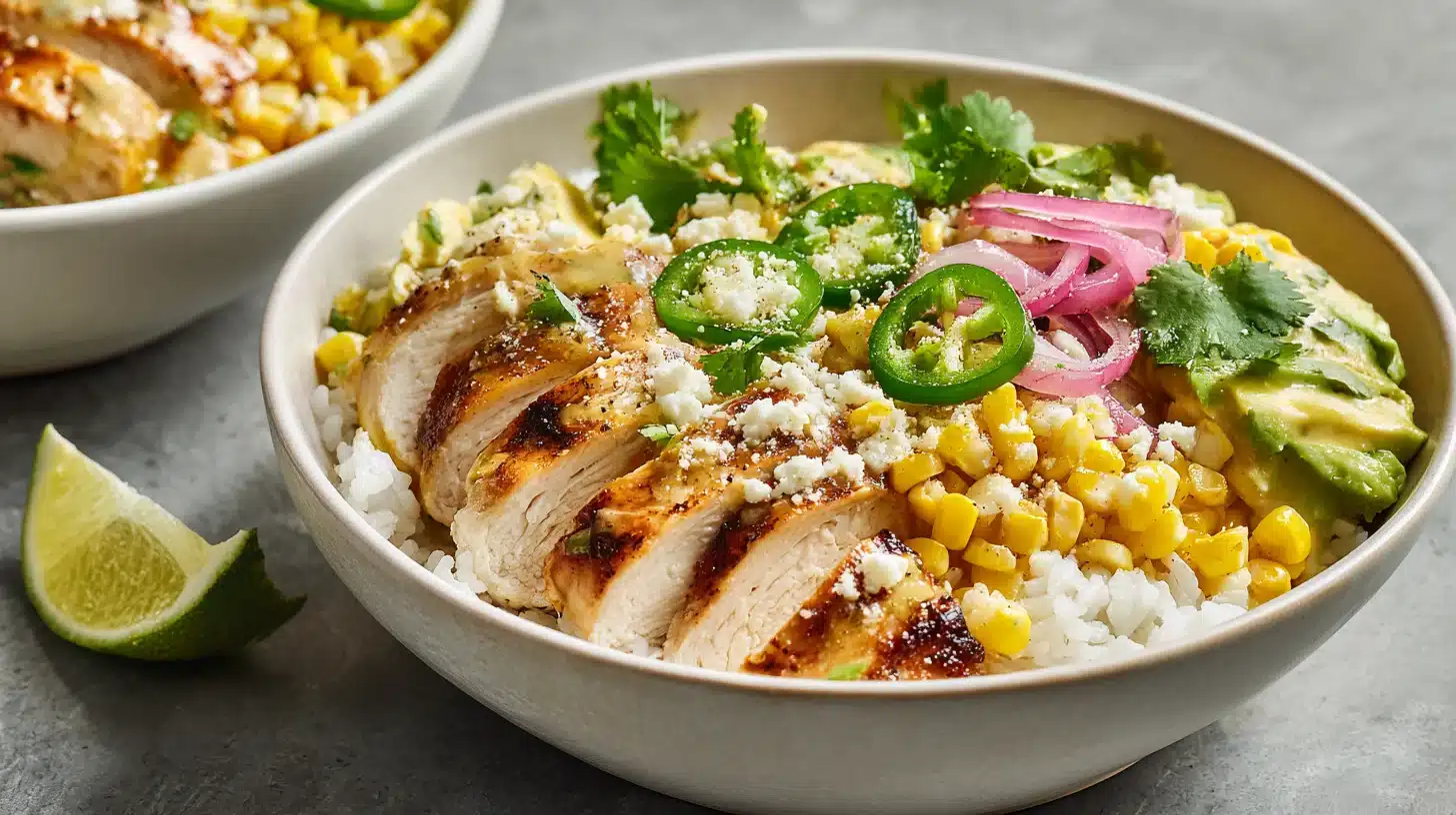 5Finished street corn chicken rice bowl ready to serve finished street corn chicken rice bowl recipe served on rustic plate