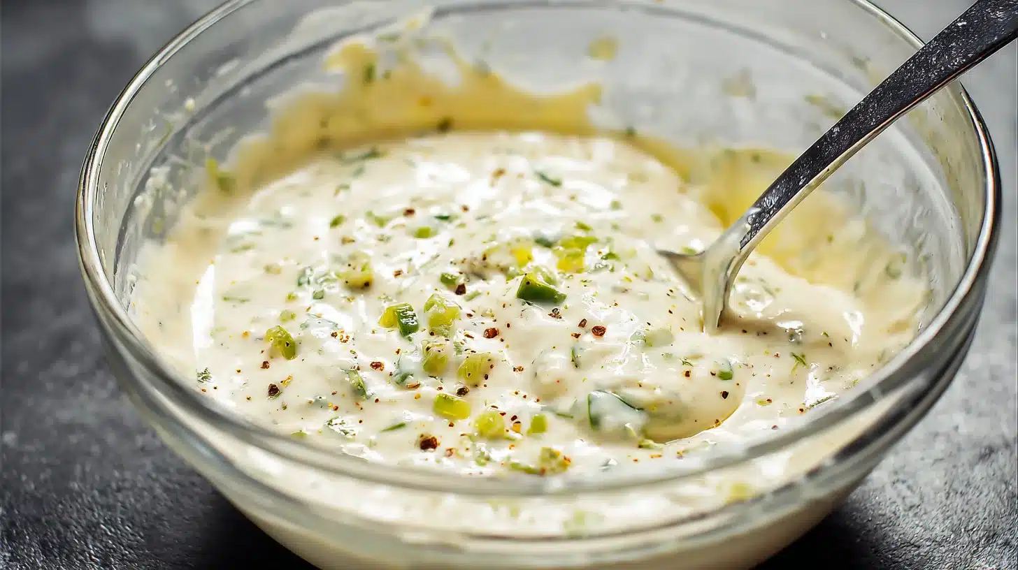 Stirring sour cream and green chiles into sauce Creamy white sauce for Easy Creamy White Chicken Enchiladas