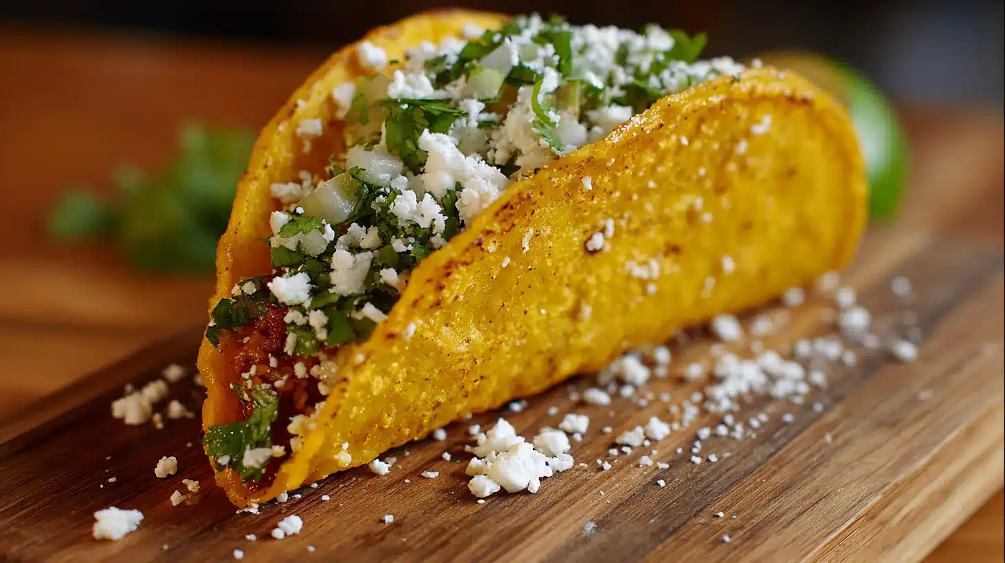 Crispy taco ready to plate Chicken caesar smash taco being lifted from skillet