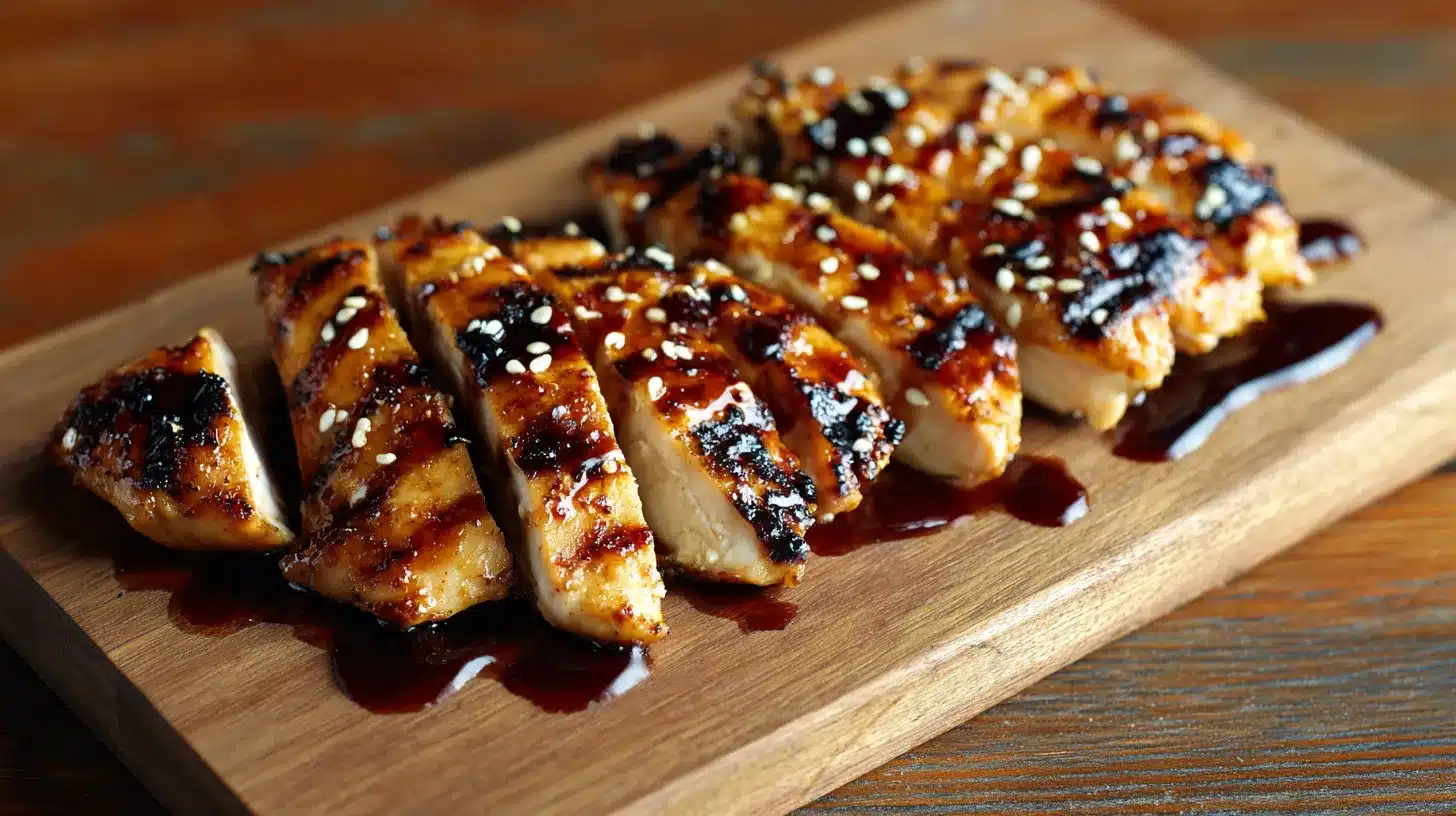 6Sliced grilled chicken teriyaki on cutting board Slicing grilled chicken teriyaki Panda Express copycat