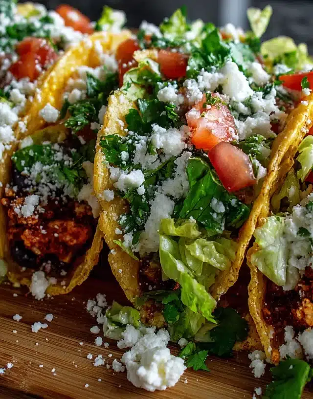 Finished chicken caesar smash tacos with romaine and tomatoes