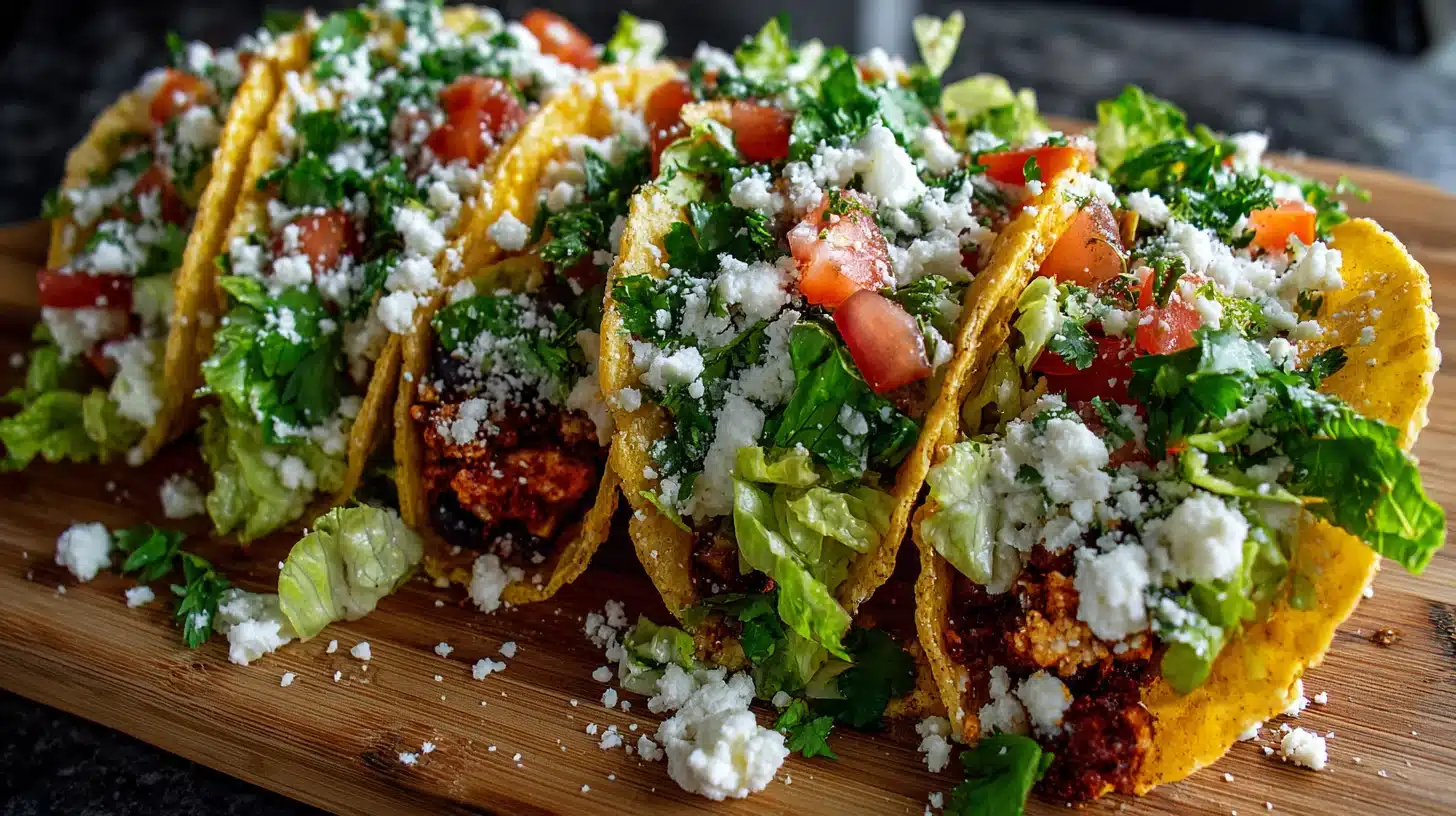 Final toppings on chicken caesar smash tacos Finished chicken caesar smash tacos with romaine and tomatoes