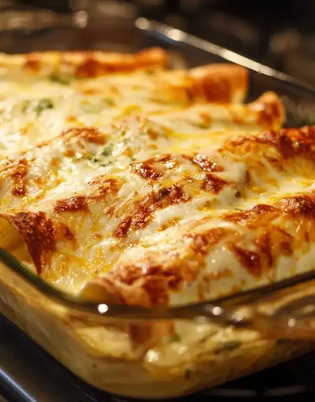 Finished Easy Creamy White Chicken Enchiladas hot from oven