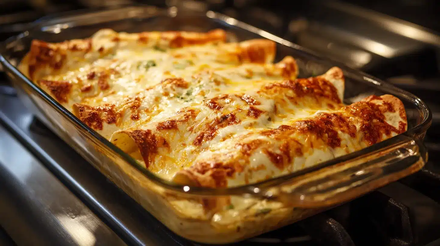 Baking Easy Creamy White Chicken Enchiladas Finished Easy Creamy White Chicken Enchiladas hot from oven