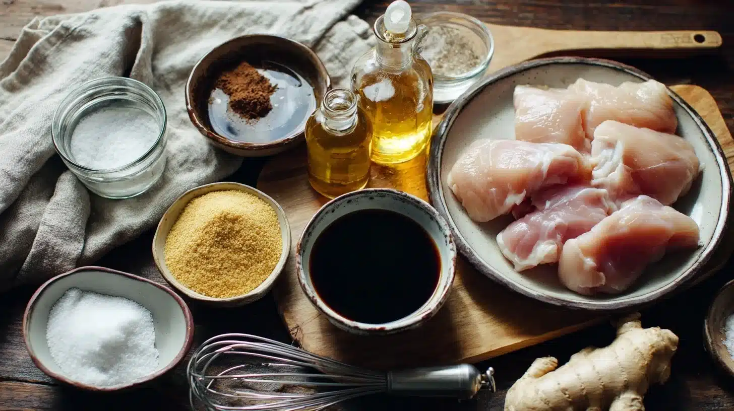 Raw ingredients for grilled chicken teriyaki marinade Ingredients for grilled chicken teriyaki Panda Express style