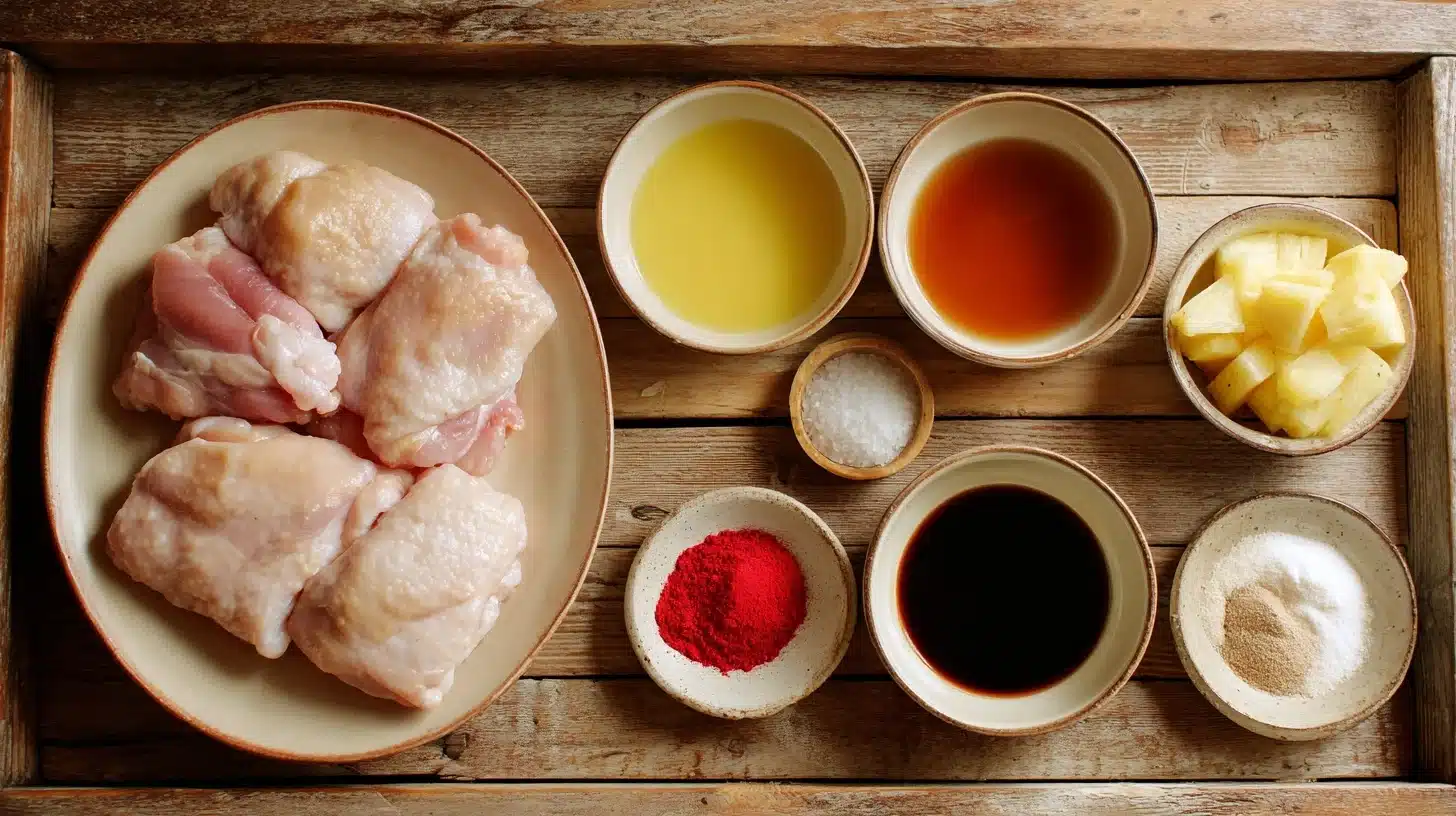 Chicken Tocino Ingredients on Rustic Kitchen Counter Ingredients for Chicken Tocino including chicken thighs, pineapple juice, soy sauce, vinegar, ketchup, garlic, and spices