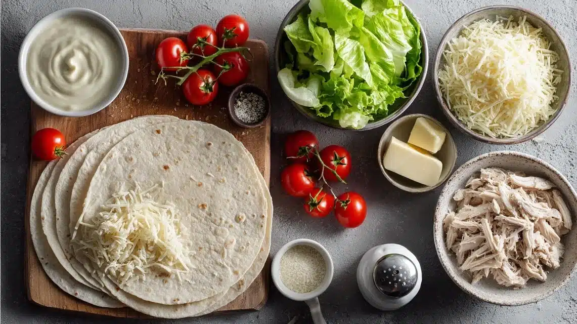 Ingredients for Chicken Caesar Smash Tacos : Flat lay of chicken caesar smash taco ingredients on rustic wood table