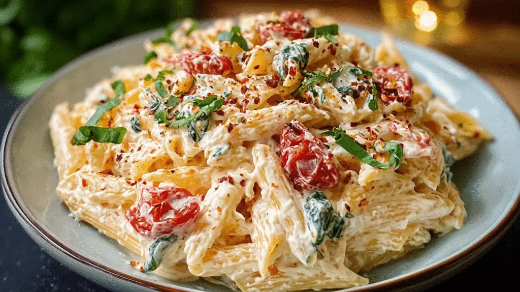 TikTok Pasta Boursin served on a rustic plate