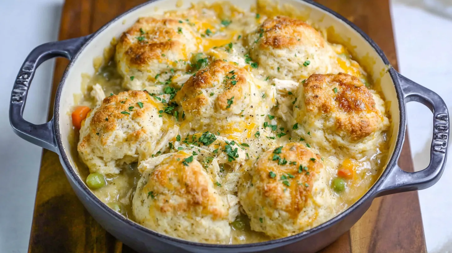 easy chicken pot pie with cheddar biscuits
