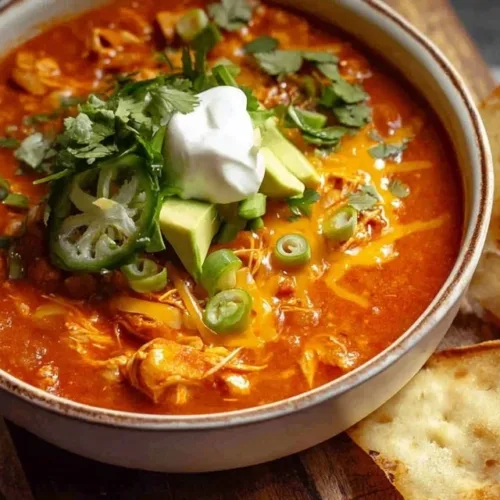 Bowl of 25 Minute Buffalo Chicken Chili topped with green onions
