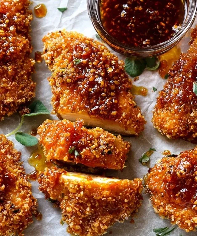 Baked Crunchy Hot Honey Chicken garnished with herbs on a plate
