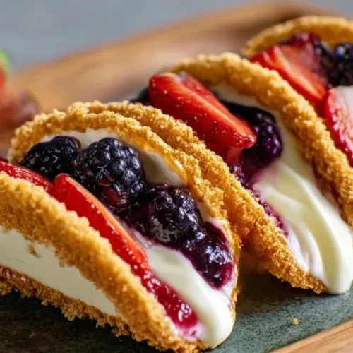 Delicious berry cheesecake tacos served on a plate with fresh fruit garnish.