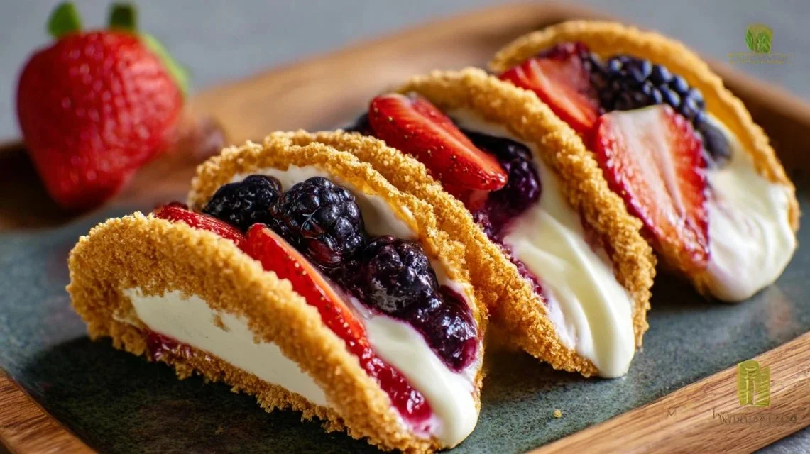 Delicious berry cheesecake tacos served on a plate with fresh fruit garnish.