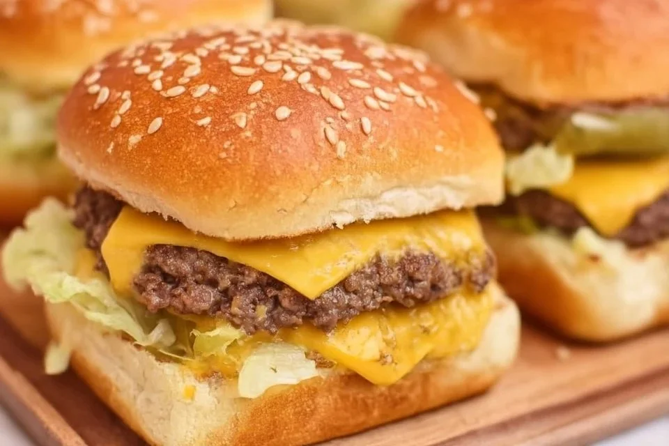Mini Big Mac Sliders served on a platter with pickles and cheese