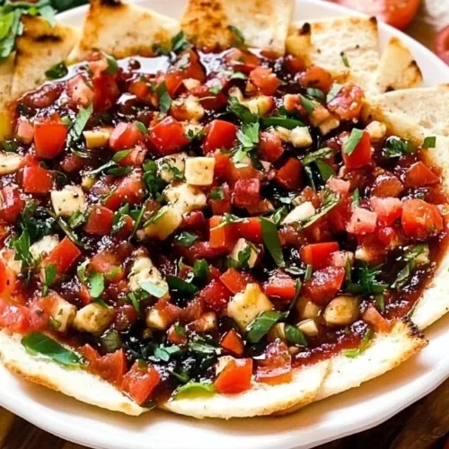 Delicious bruschetta dip served with crusty bread slices.