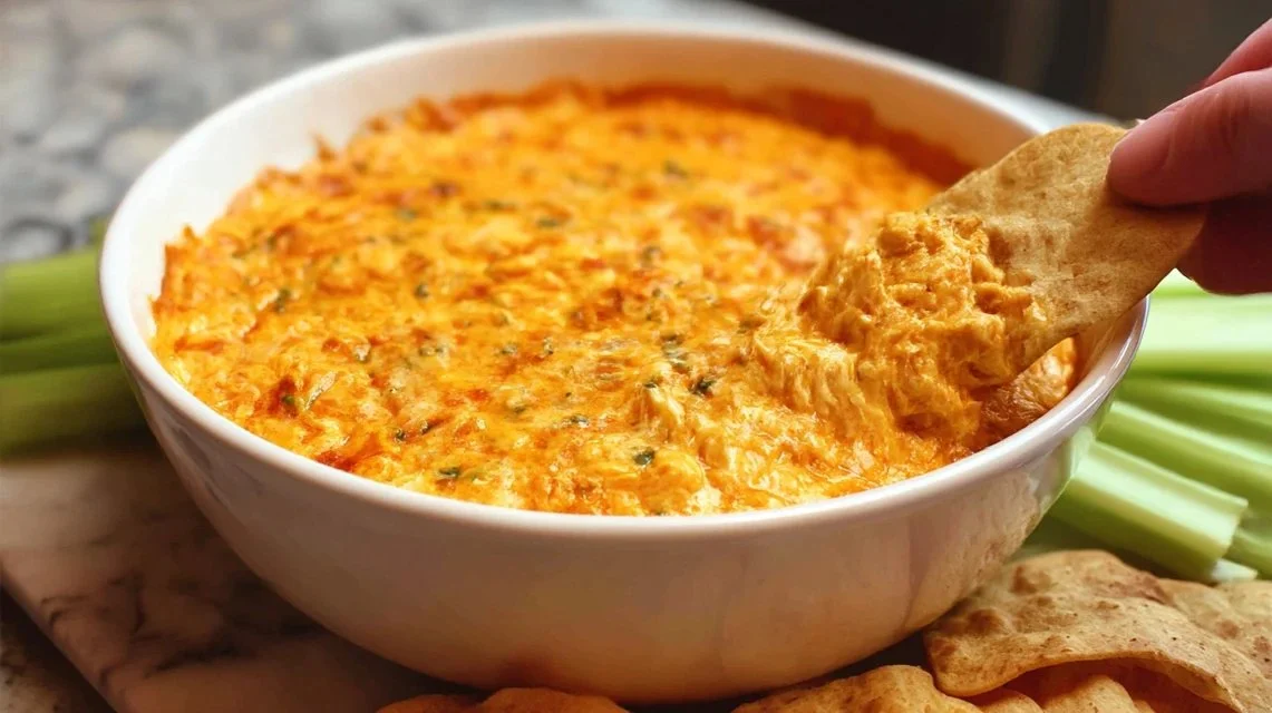 Delicious Buffalo Chicken Dip served with tortilla chips and veggies.