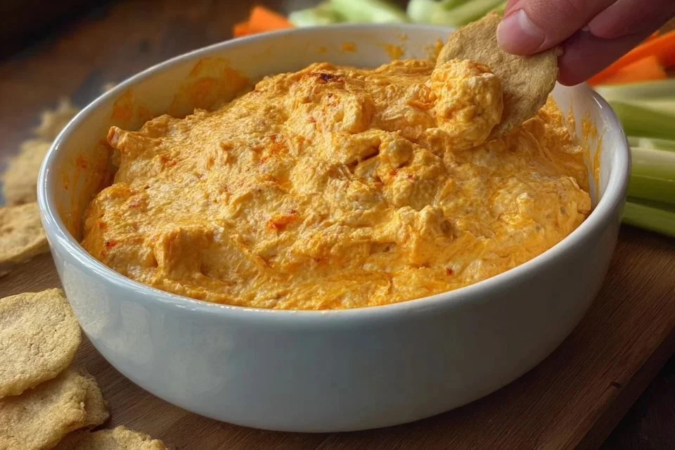 Delicious Buffalo Chicken Dip served in a bowl with tortilla chips