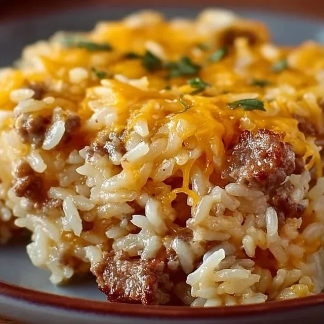 Cheesy hamburger rice casserole served in a baking dish
