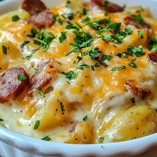 Cheesy ranch potatoes with smoked sausage, a delicious comfort food dish.