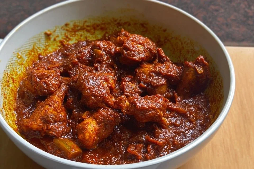 Delicious Chicken Ghee Roast served on a plate garnished with herbs.