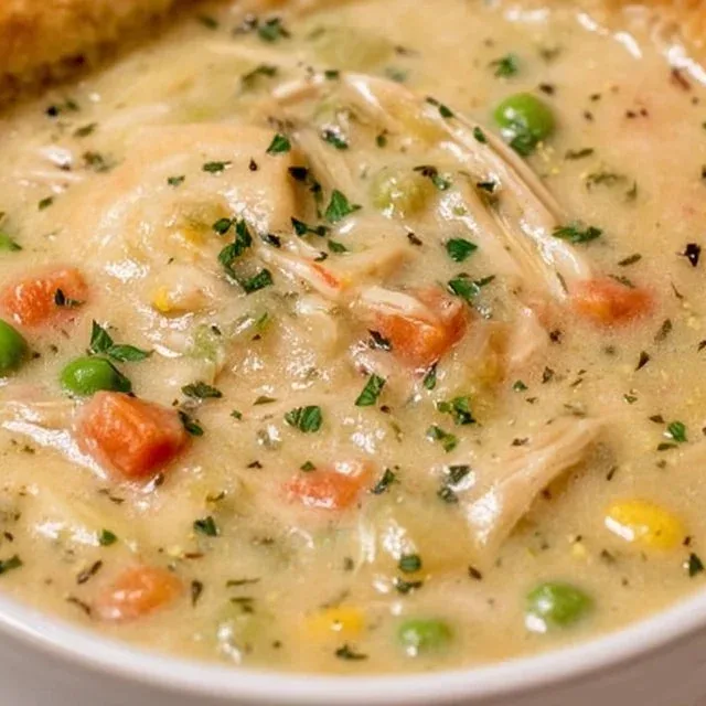 Creamy Chicken Pot Pie Soup in a bowl topped with fresh herbs