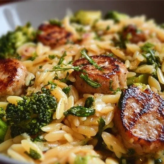 Chicken sausage broccoli orzo dish served in a bowl, garnished with herbs.
