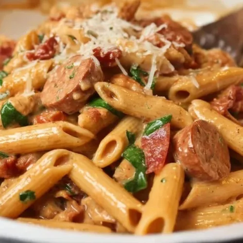Delicious chicken sausage pasta served in a bowl with fresh herbs.