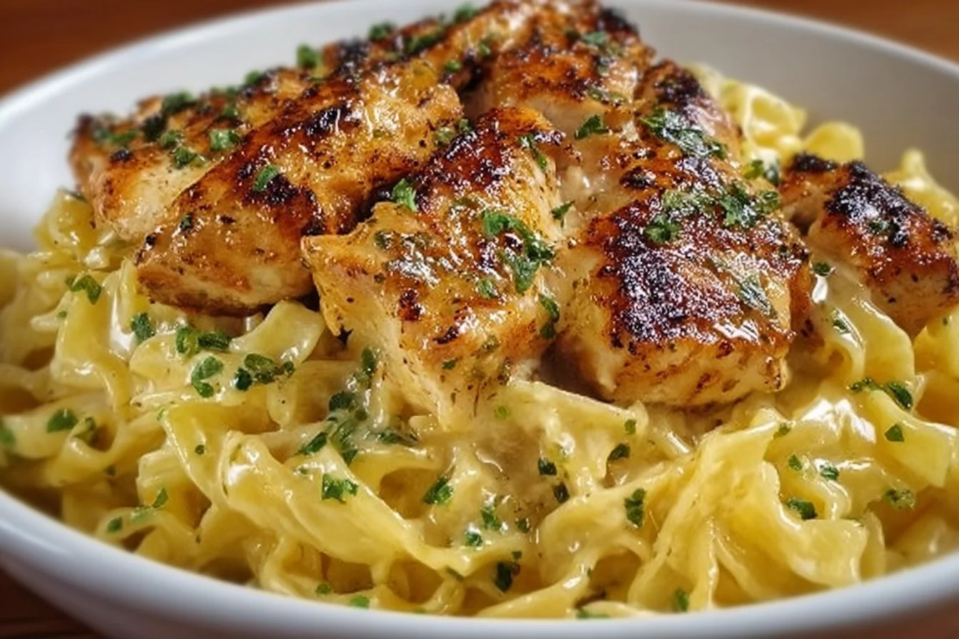 Plate of chicken served with buttered noodles, garnished with herbs.