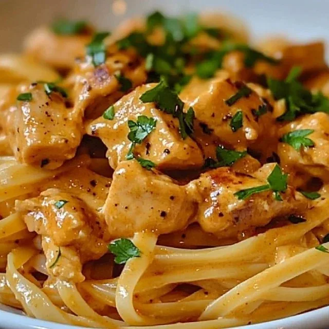 Cowboy Butter Chicken Linguine featuring creamy butter chicken sauce over pasta.