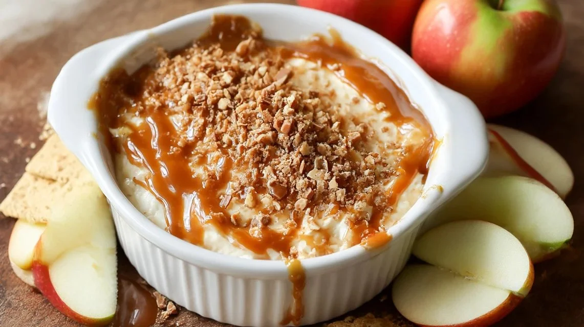 Cream cheese caramel apple dip topped with toffee bits served in a bowl