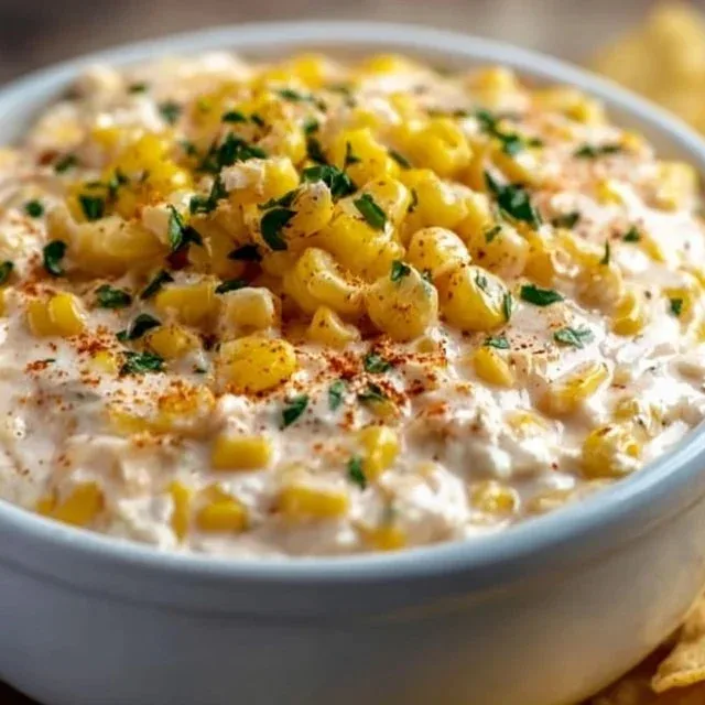 Delicious creamy Mexican street corn dip served in a bowl with fresh toppings.