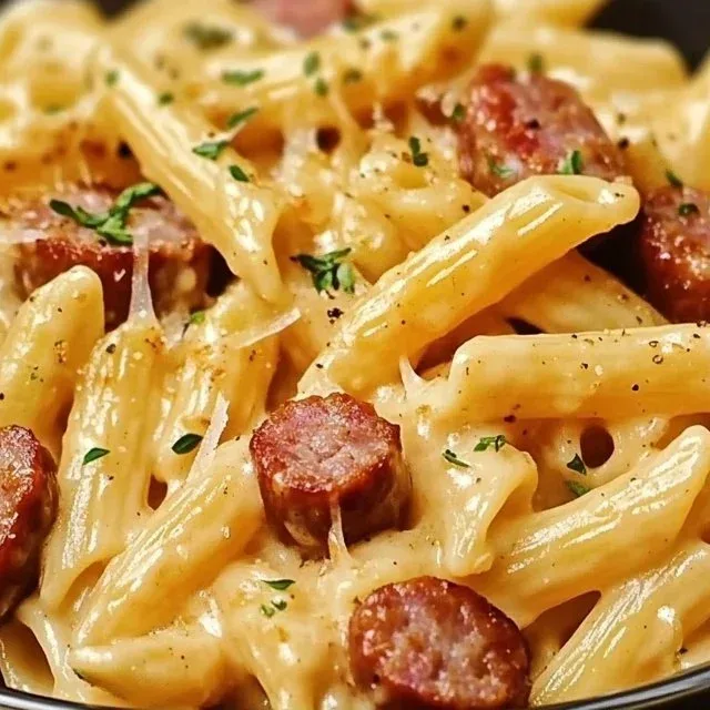 Plate of creamy smoked sausage pasta garnished with herbs and cheese