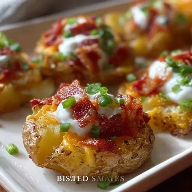 Plate of crispy loaded smashed potatoes topped with cheese and chives