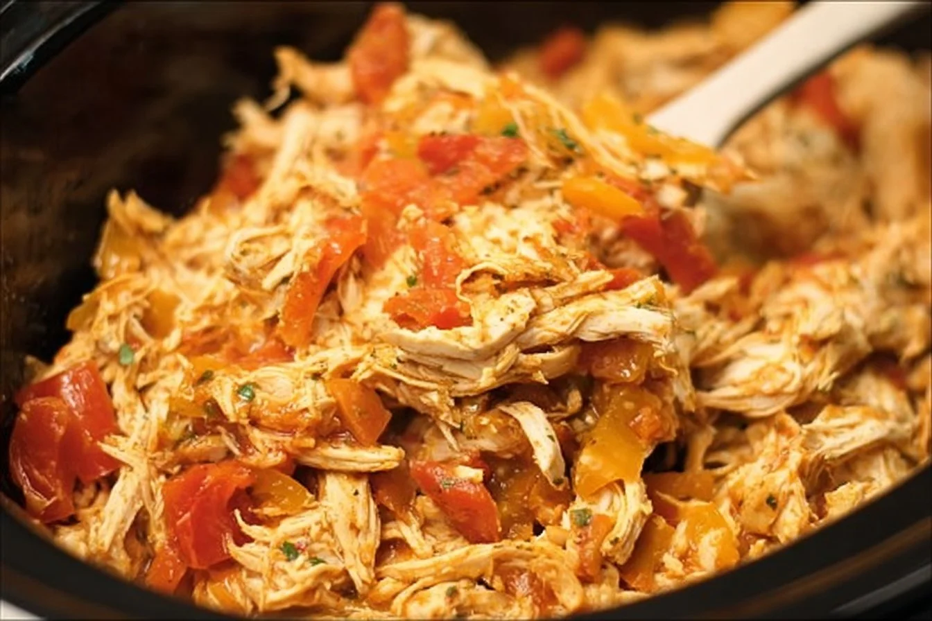 Delicious Crock Pot Chicken Fajitas with chicken, peppers, and onions