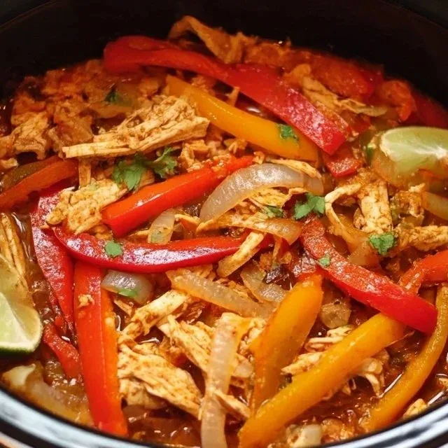 Crock Pot Chicken Fajitas with colorful peppers and spices in a dish