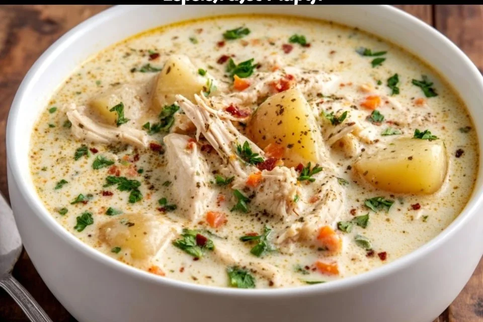 Bowl of Crockpot Creamy Chicken and Potato Soup topped with herbs and spices