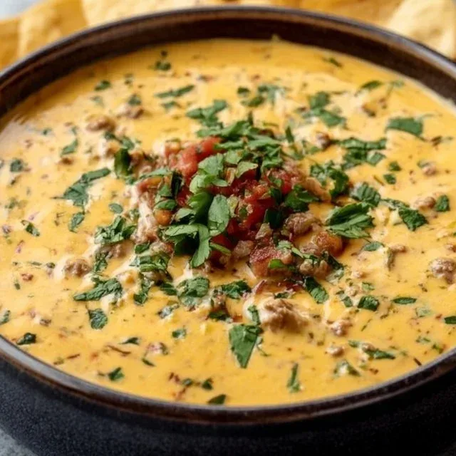 Delicious Crockpot Queso Dip served with tortilla chips