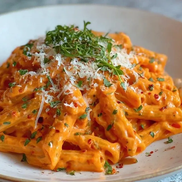 Bowl of creamy tomato garlic pasta topped with fresh basil