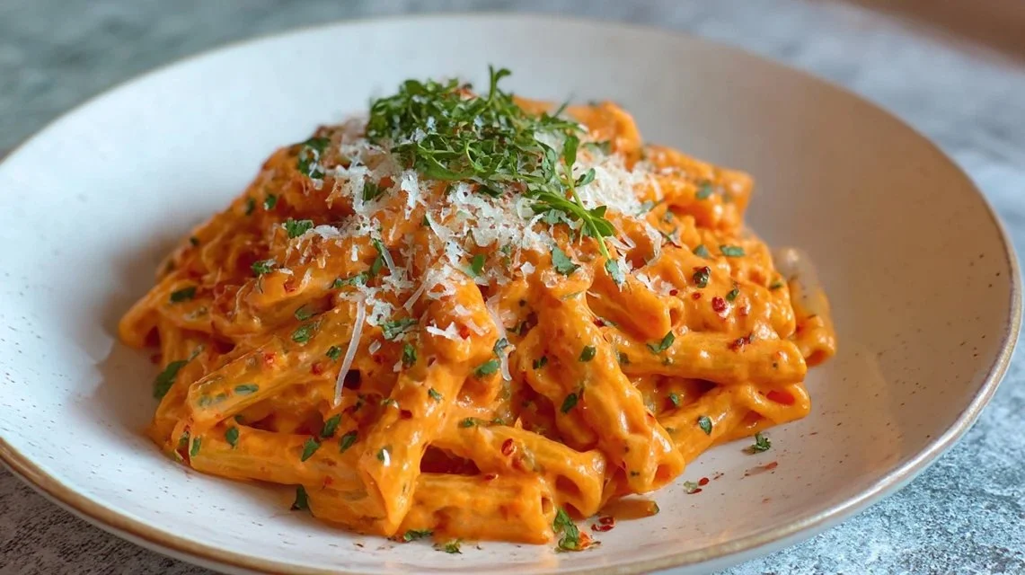 Bowl of creamy tomato garlic pasta topped with fresh basil