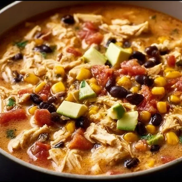 Bowl of easy chicken taco soup garnished with cilantro and lime