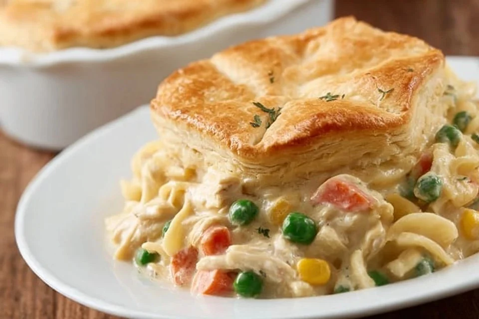 Easy weeknight chicken pot pie with vegetables and flaky crust