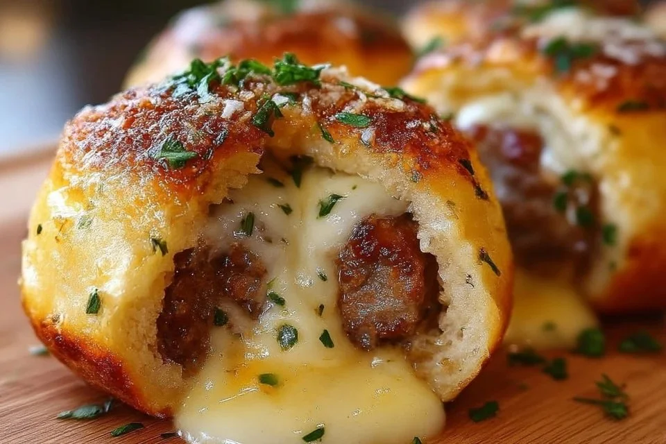Delicious Garlic Parmesan Cheeseburger Bombs served on a platter