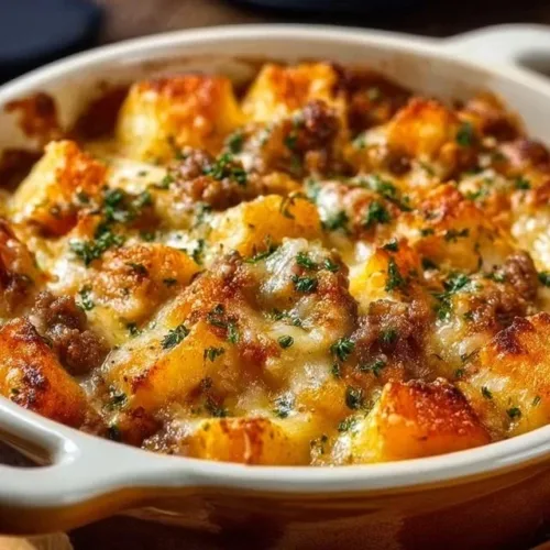 Delicious Hobo Casserole served in a bowl with vegetables and meat.