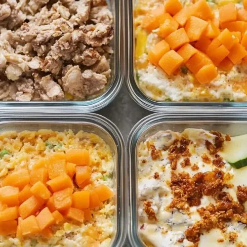Colorful meal prep breakfast bowls with healthy ingredients.