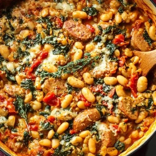 One Pan Chicken Sausage White Bean Bake in a rustic serving dish.