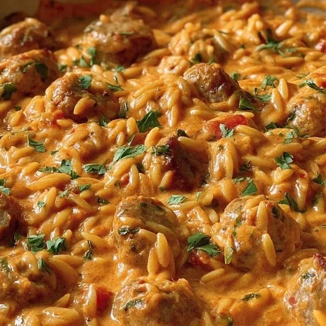 One pan creamy tomato sauce with orzo and chicken sausage meal