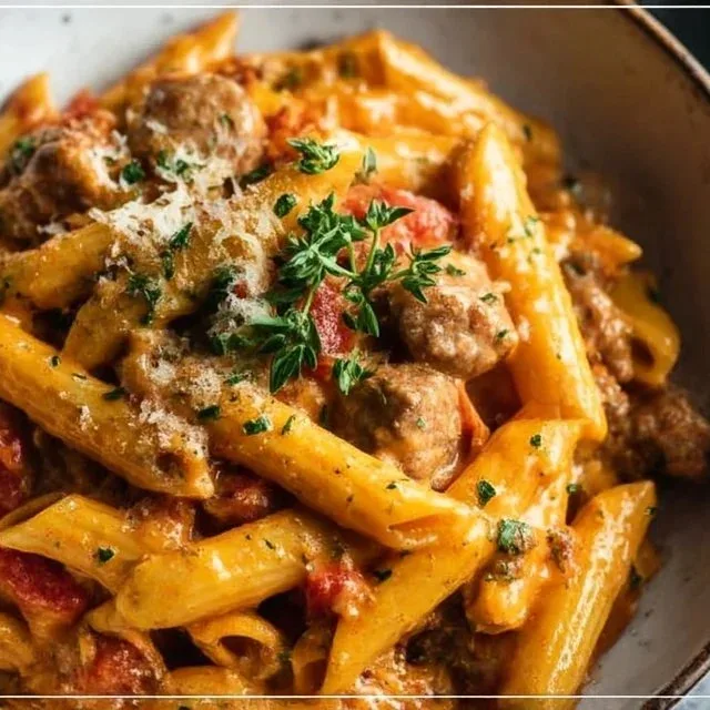 One Pot Sausage Pasta dish featuring creamy sauce and sausage.