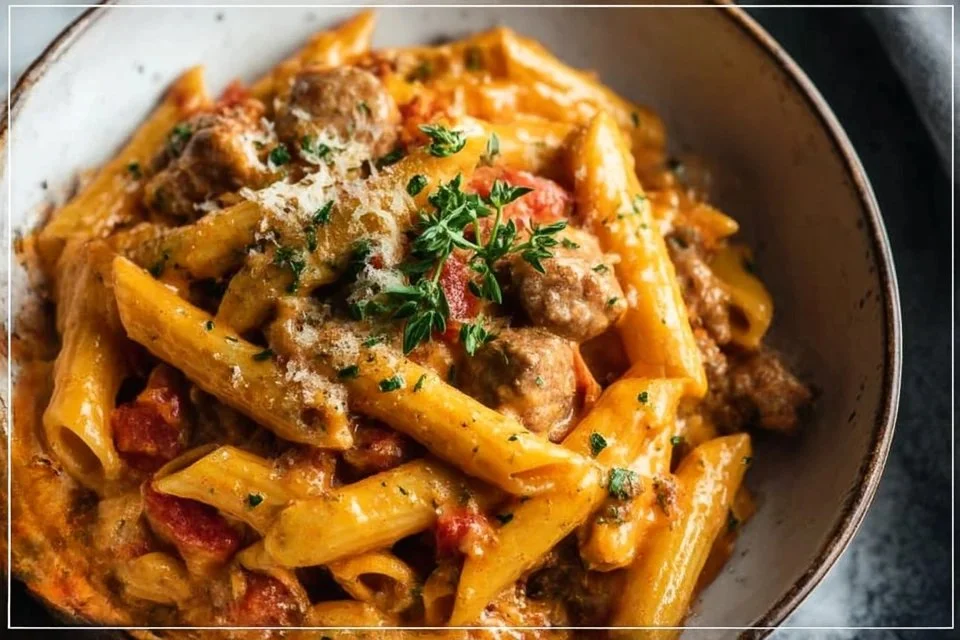 One Pot Sausage Pasta dish featuring creamy sauce and sausage.