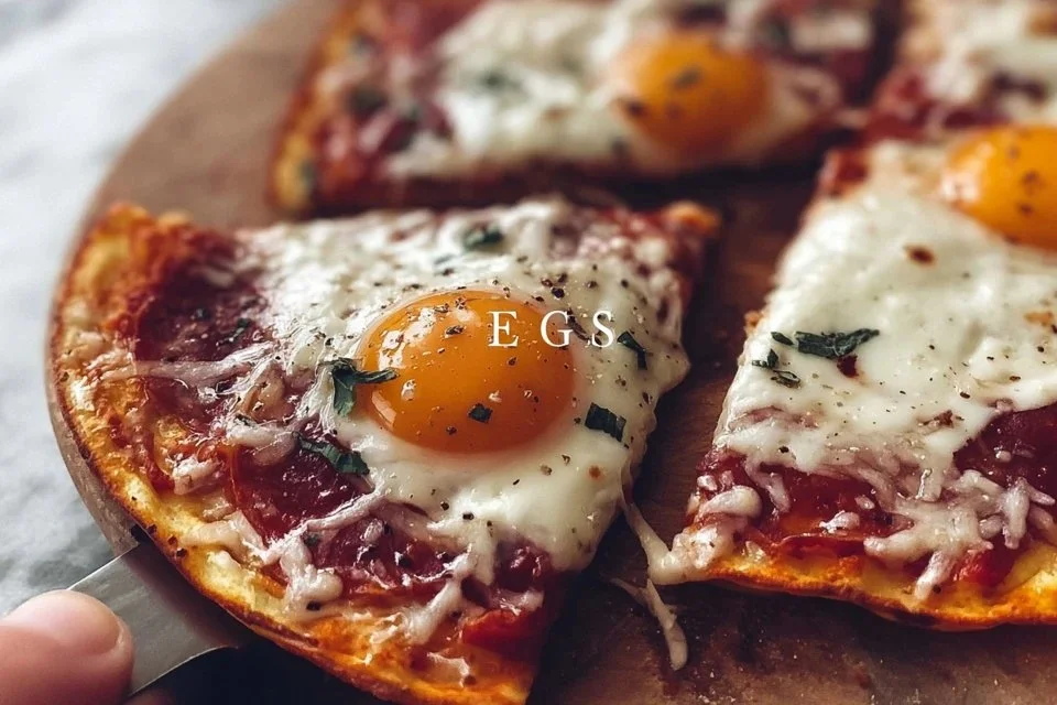 Savory Pizza Eggs topped with cheese, tomatoes, and herbs on a plate